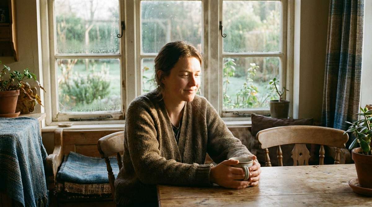 Person sitting at a sunlit window with a cup of tea, reflecting quietly during early recovery