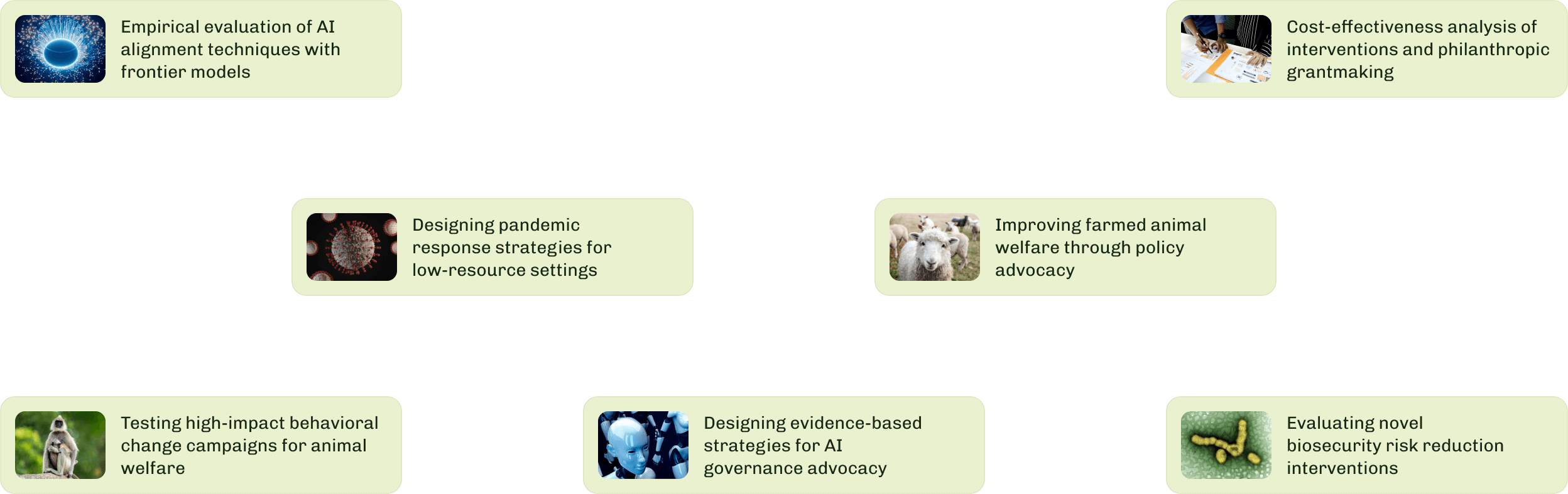 Research areas diagram with six blocks: Empirical evaluation of AI alignment techniques; Cost-effectiveness analysis of interventions and philanthropic grantmaking; Designing pandemic response strategies for low-resource settings; Improving farmed animal welfare through policy advocacy; Testing high-impact behavioral change campaigns for animal welfare; Designing evidence-based strategies for AI governance advocacy; and Evaluating novel biosecurity risk reduction interventions.