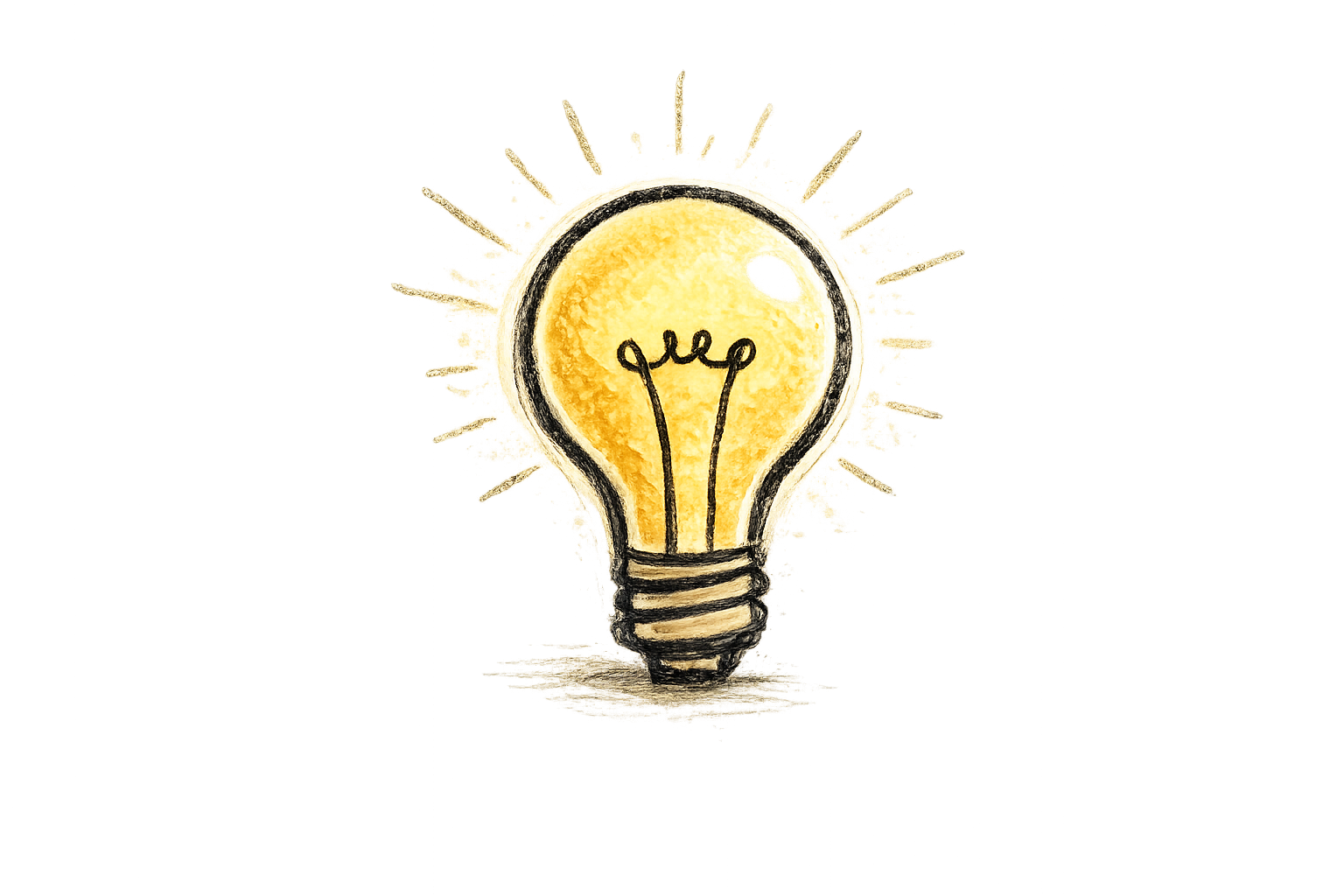 Illustration of a glowing yellow light bulb symbolizing an idea with light rays radiating from it.