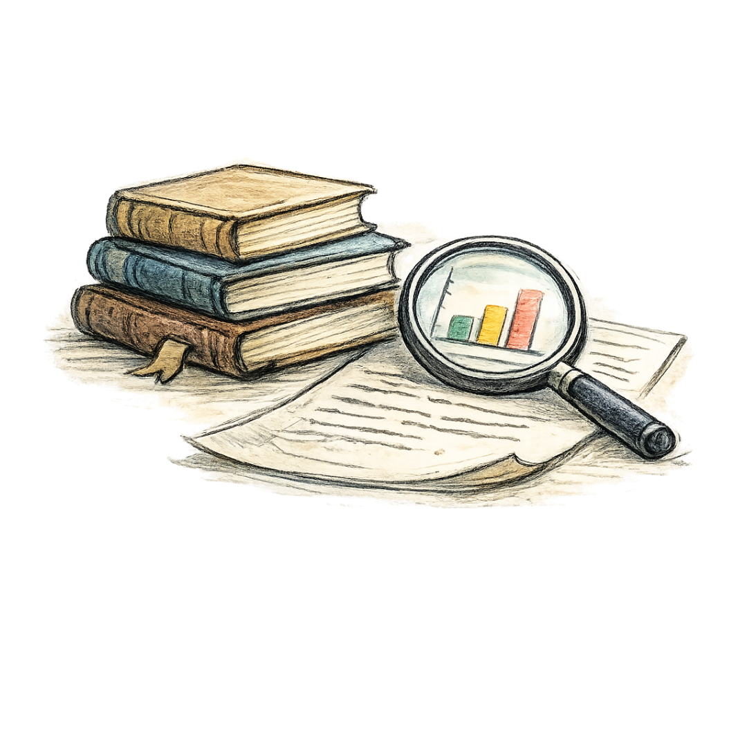 Stack of three old books beside papers and a magnifying glass highlighting a bar chart with green, yellow, and red bars.