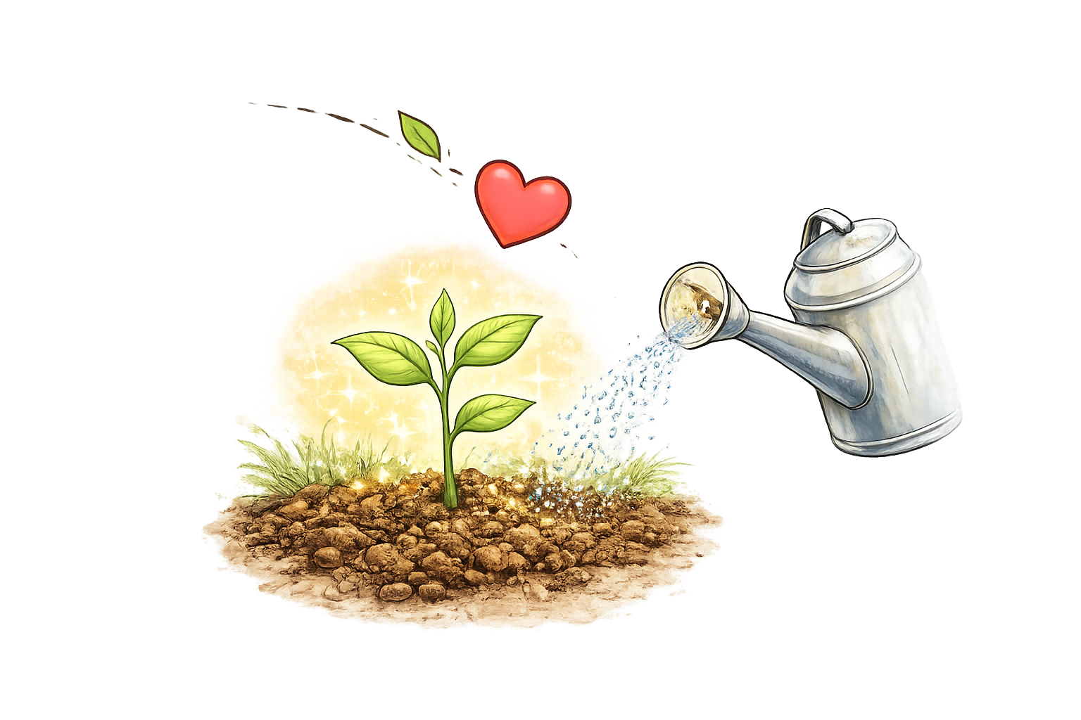 Watering can pouring water on a small green plant growing in soil with a glowing heart and leaf above it.