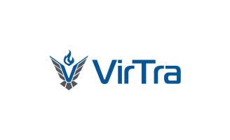 VirTra company logo with stylized blue flame and text.