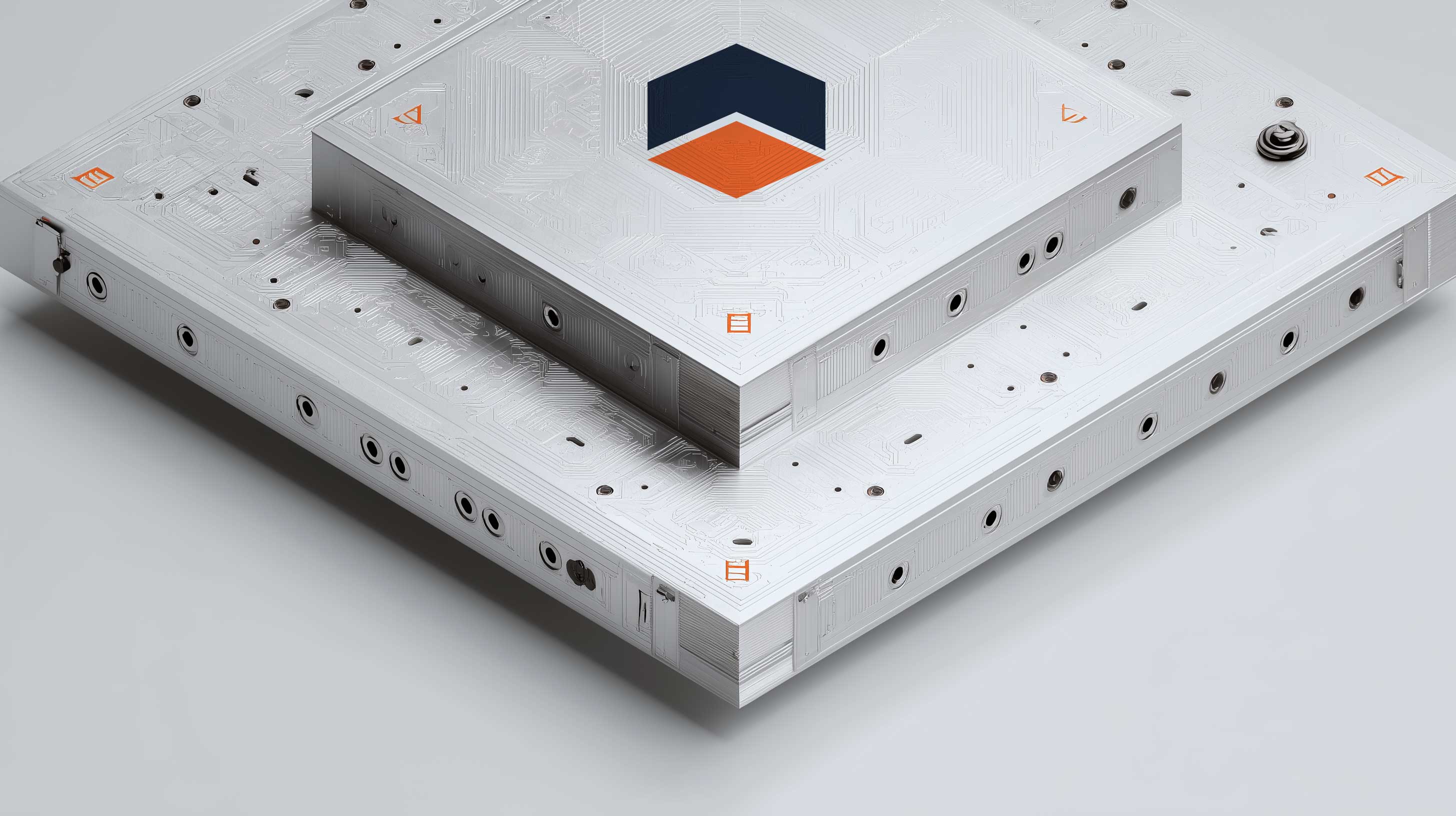 Two stacked white circuit boards forming a stepped pyramid with an orange Bitcoin symbol on the top layer.
