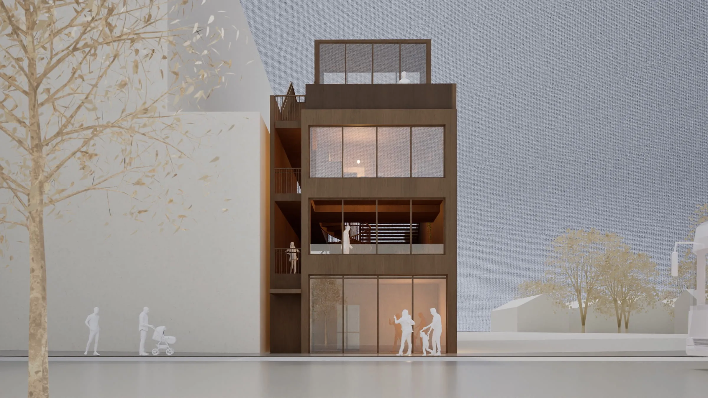 Modern three-story building with large windows, showing interior figures and a tree in front on a city street.