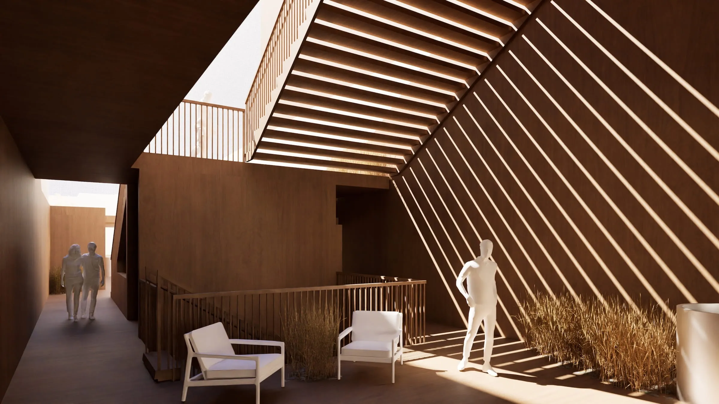 Modern outdoor seating area with two white chairs, sculptural figures, and sunlight casting striped shadows through a slatted ceiling.
