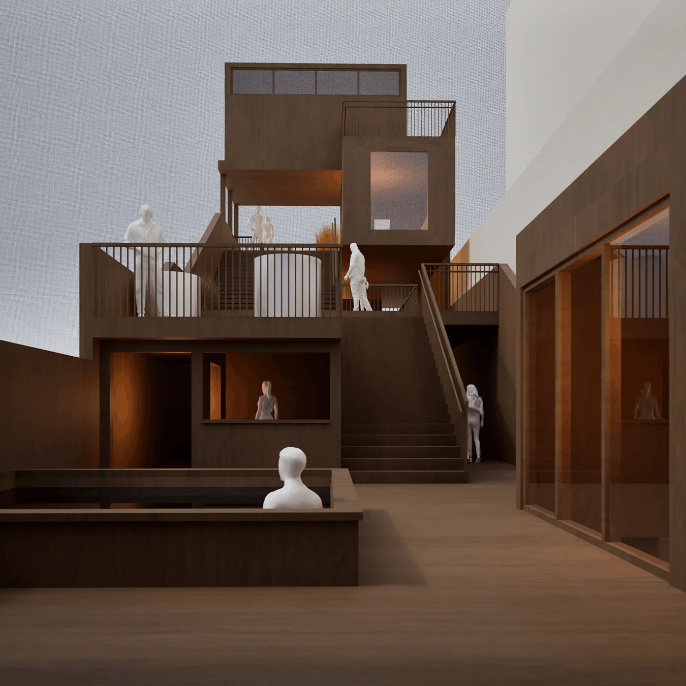 Modern multi-level wooden structure with stairs, railings, and several white human figures placed on different levels.