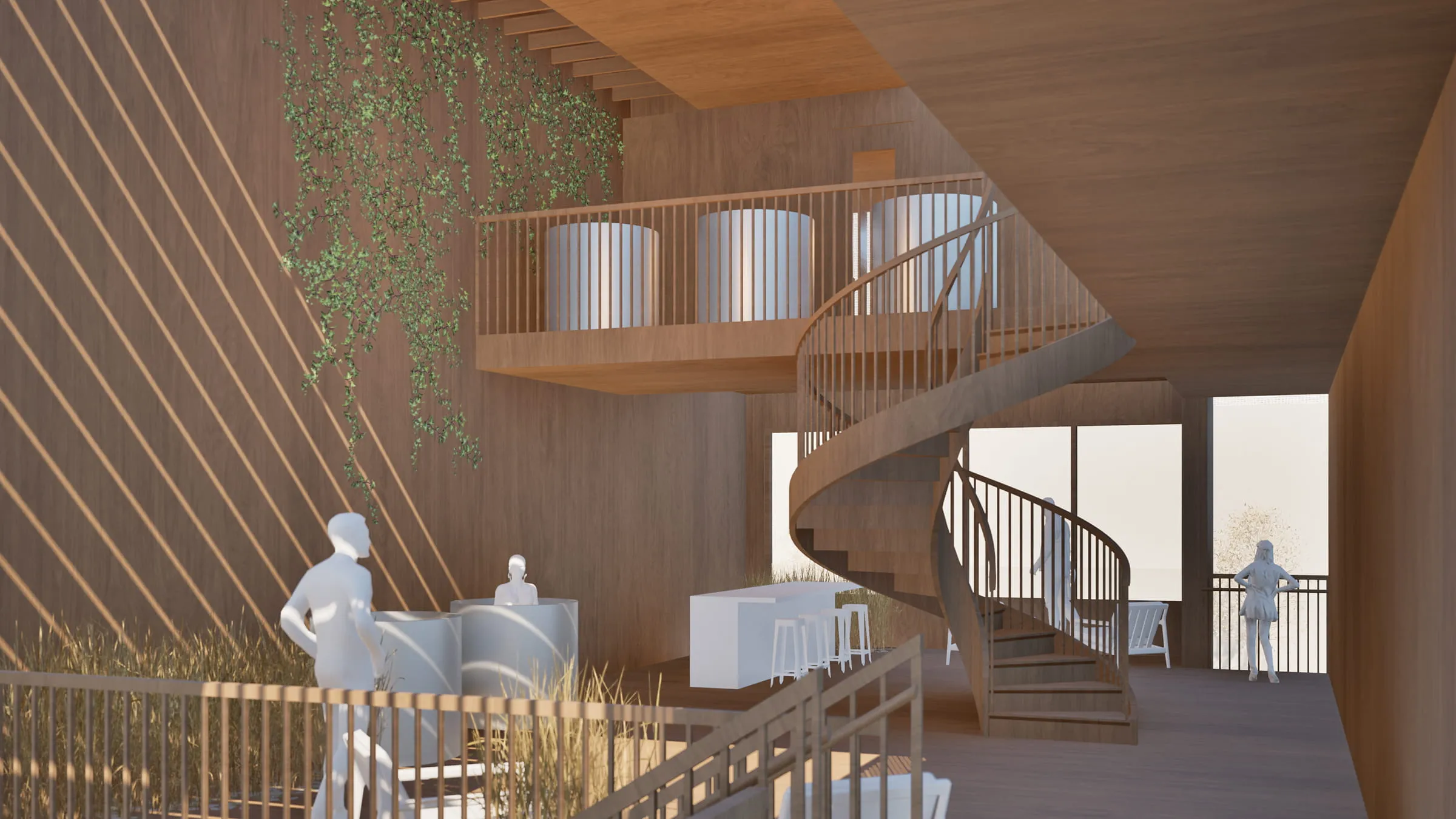 Modern interior space with wooden spiral staircase, wooden walls and ceiling, white furniture, and abstract human figures.