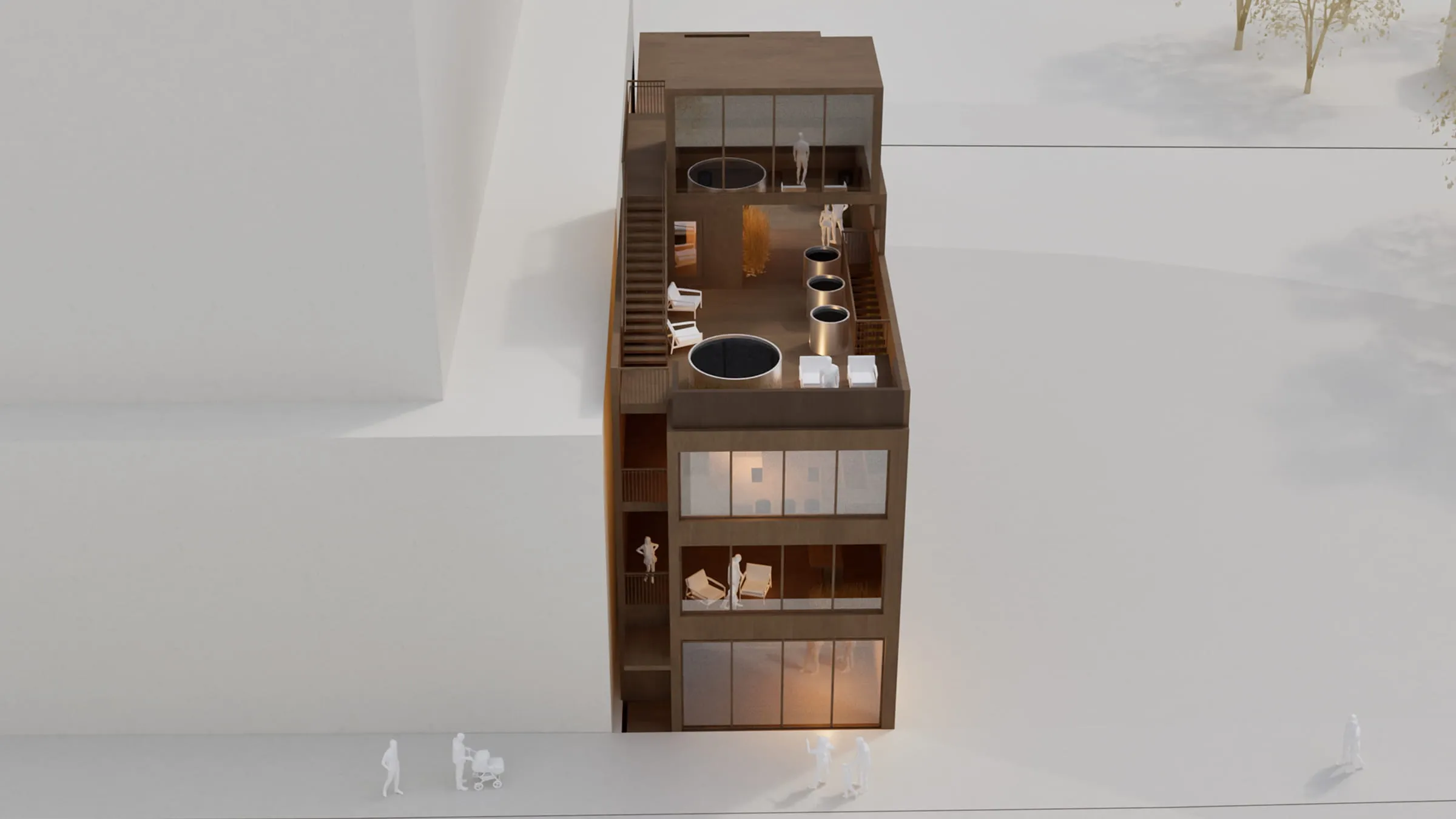 3D architectural model of a tall, narrow building with glass windows and an open rooftop terrace featuring seating and circular openings.