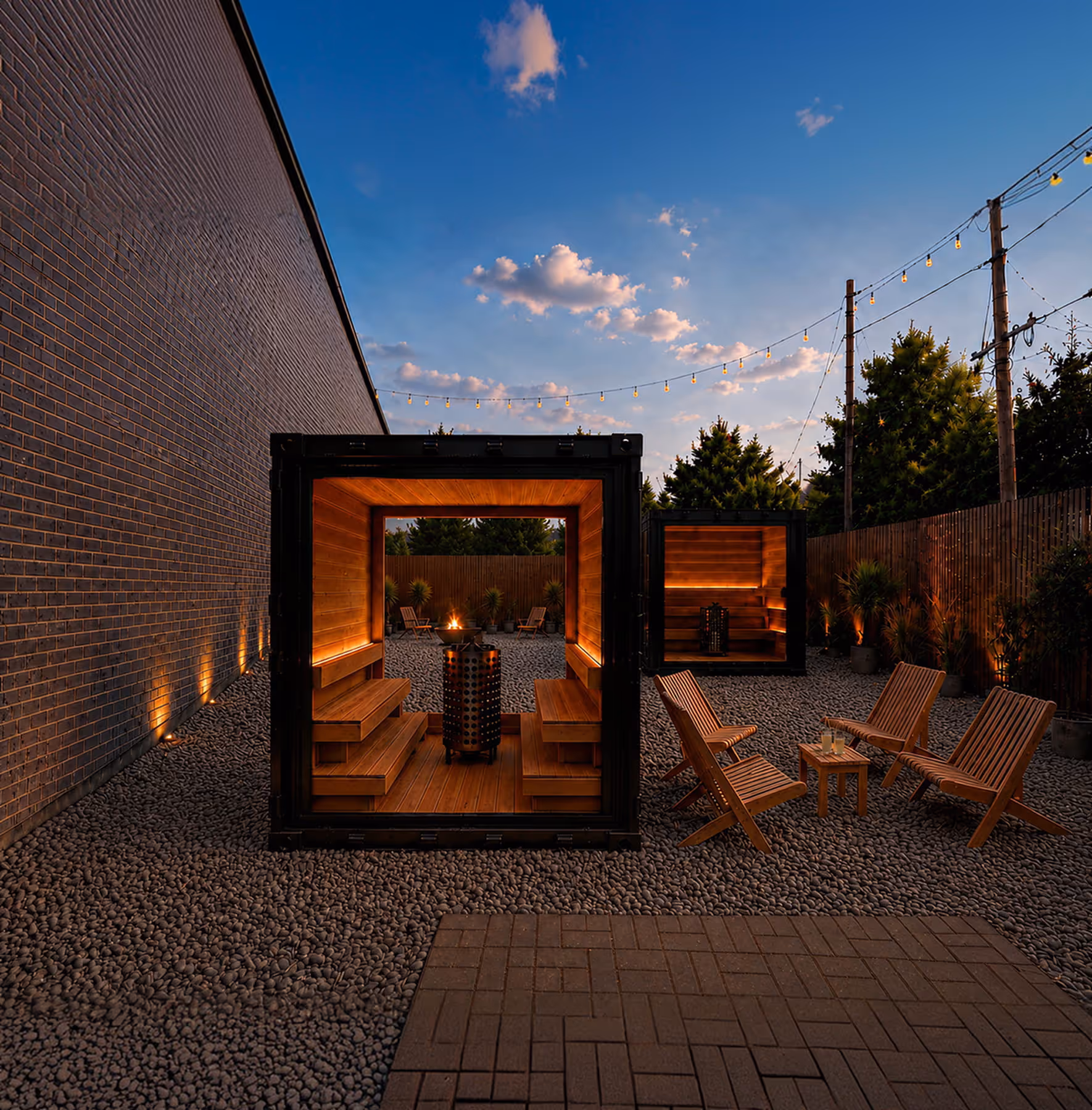 Outdoor seating area with wooden benches, fire pits, string lights, and a gravel ground at dusk.