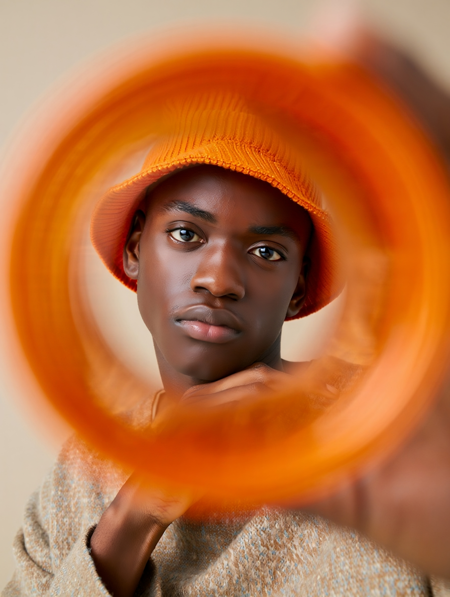 Portrait of a young person wearing an orange knit bucket hat, framed through an orange circular object, against a neutral background.