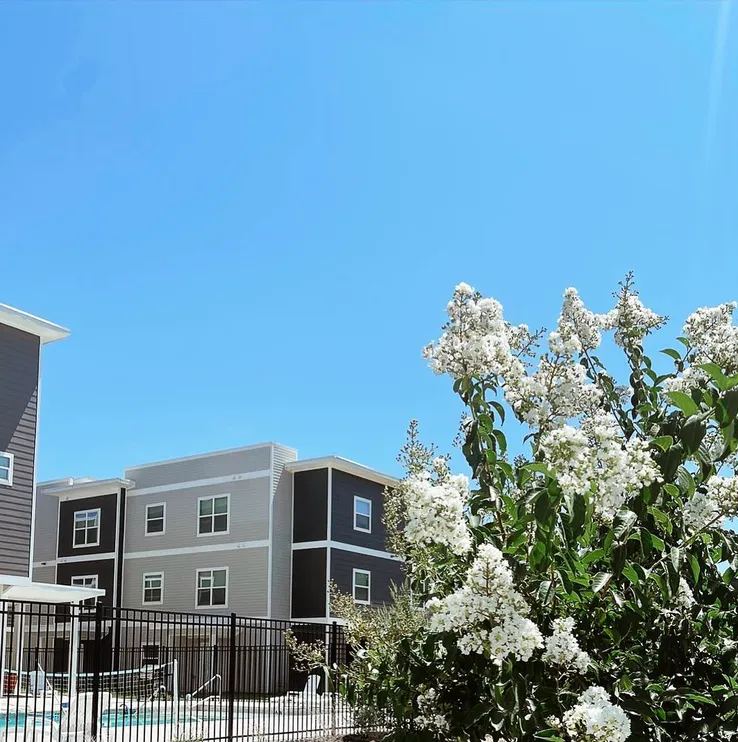exterior of Fireside District with flowers