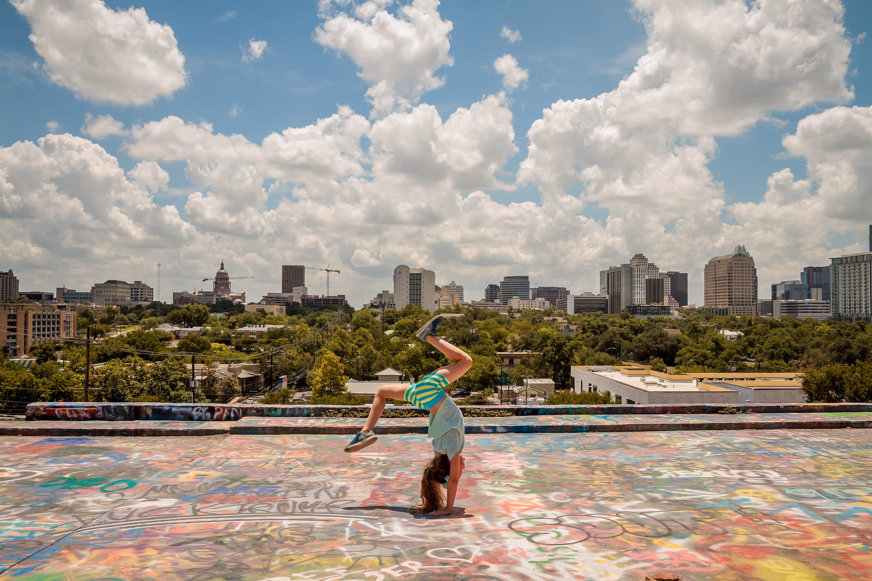 Flipping in Front of Downtown Austin Stock Photo