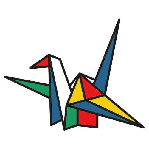 Colorful origami crane with red, blue, yellow, green, and white sections outlined in black.