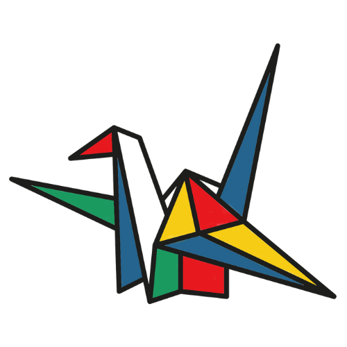 Stylized origami crane with sections in red, yellow, blue, and green outlined in black.