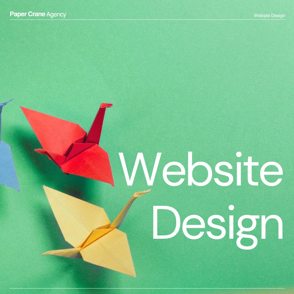 Three origami cranes in red, yellow, and green on a blue background.