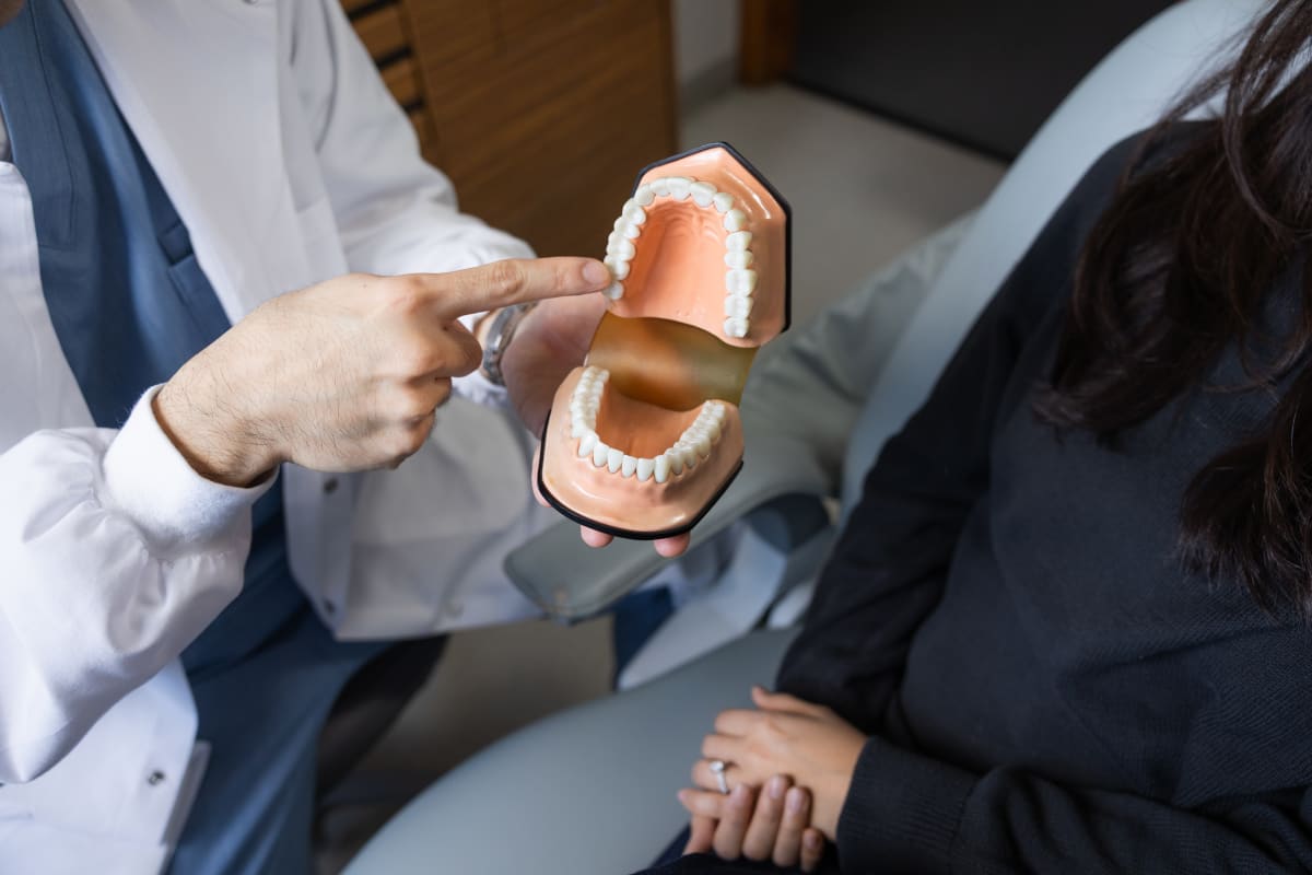 Dentist showing patient a dental implant model during consultation in clinical setting