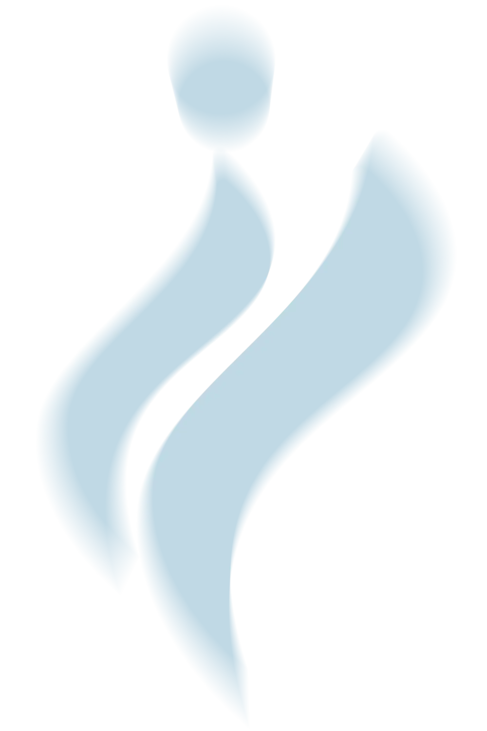 Abstract blue logo resembling a stylized person with flowing curved shapes.