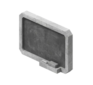 3D illustration of a concrete-framed black chalkboard with a piece of chalk and eraser on the bottom ledge.