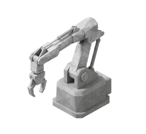 3D low-poly robotic arm model in gray on a white background.