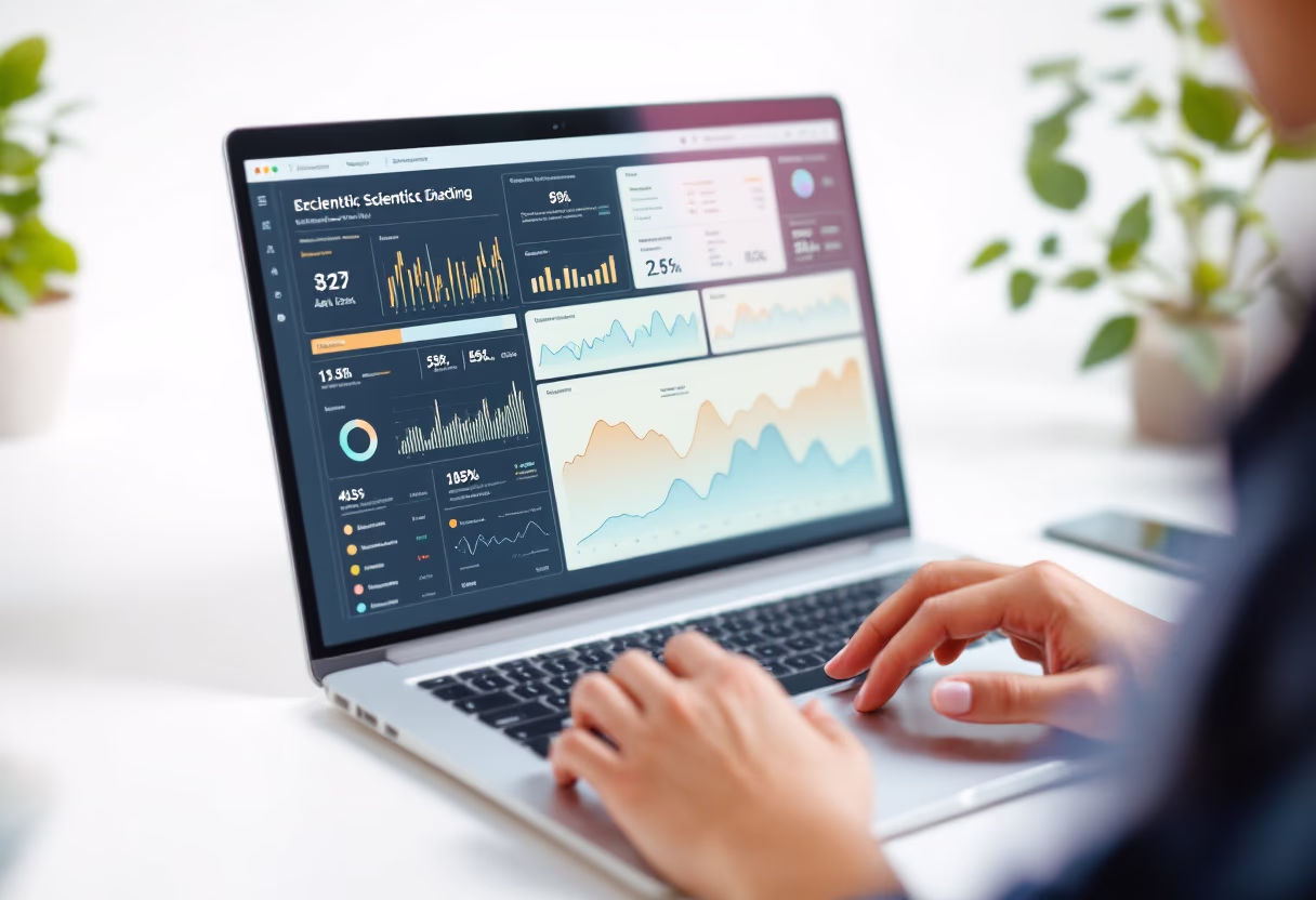 image of hands typing on a laptop with scientific data