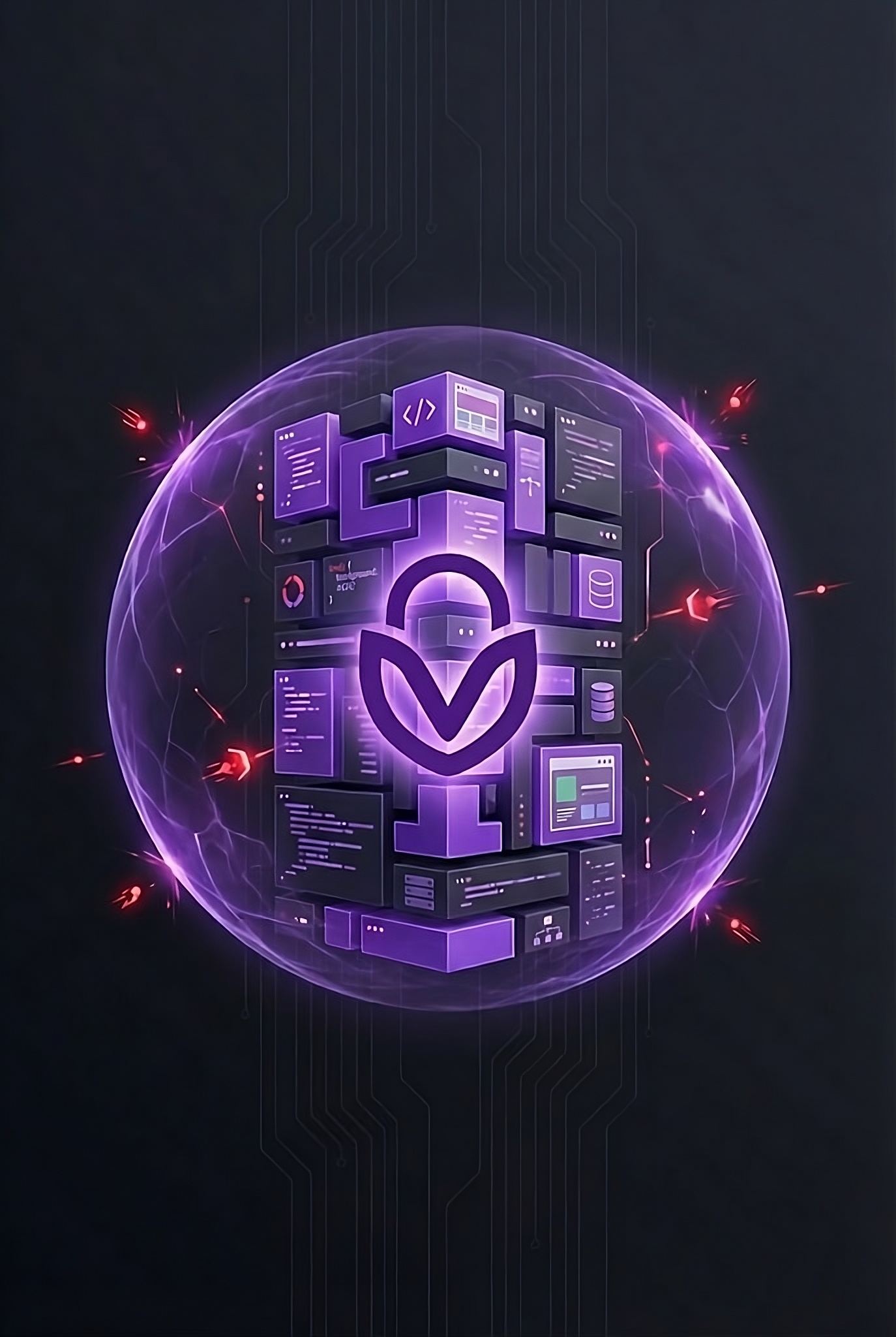 Glowing purple digital cube surrounded by a translucent sphere with a central lock emblem symbolizing cybersecurity.