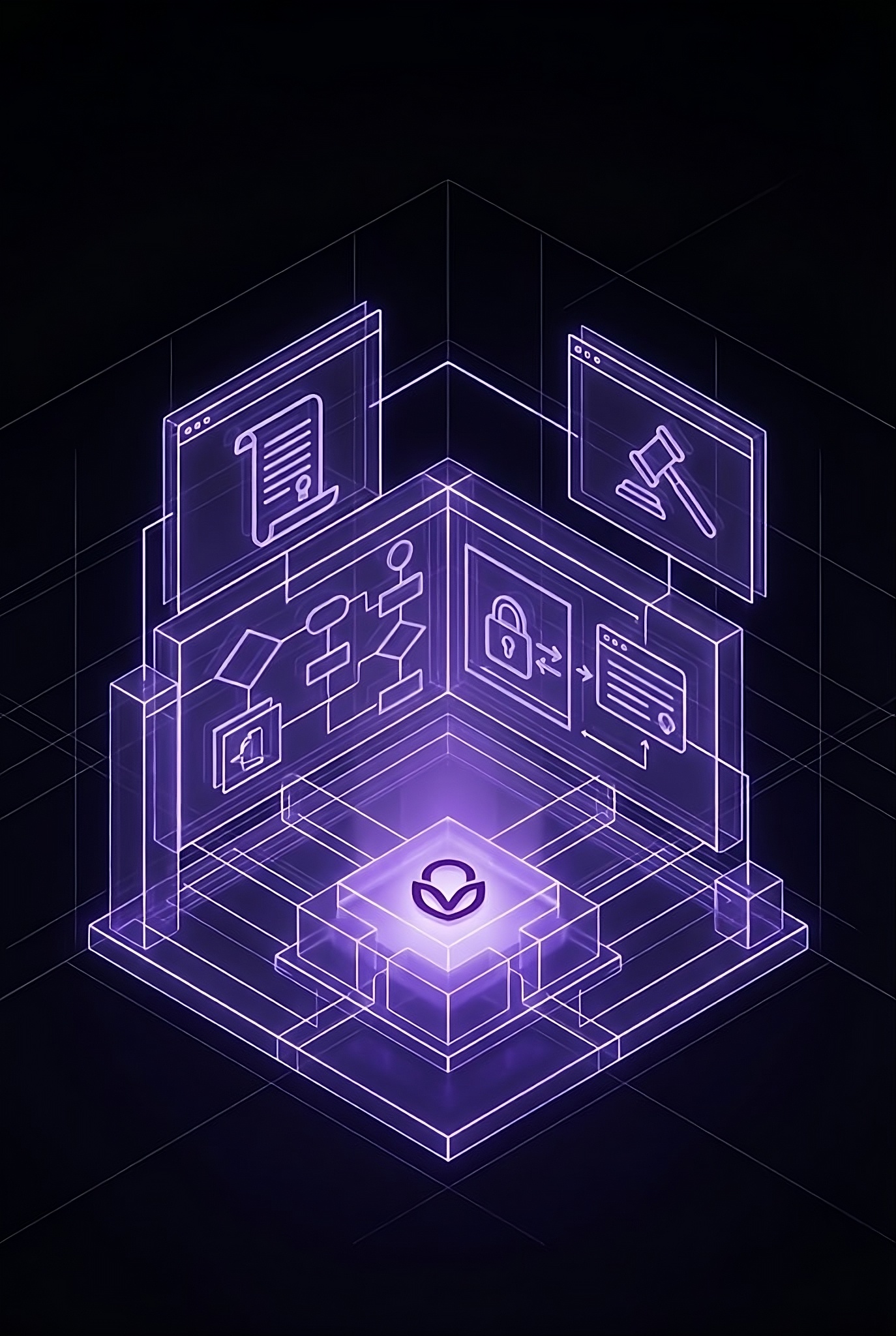 Two purple cloud icons connected by streaming lines with data symbols, one cloud protected by a shield and lock symbol inside a glowing sphere.