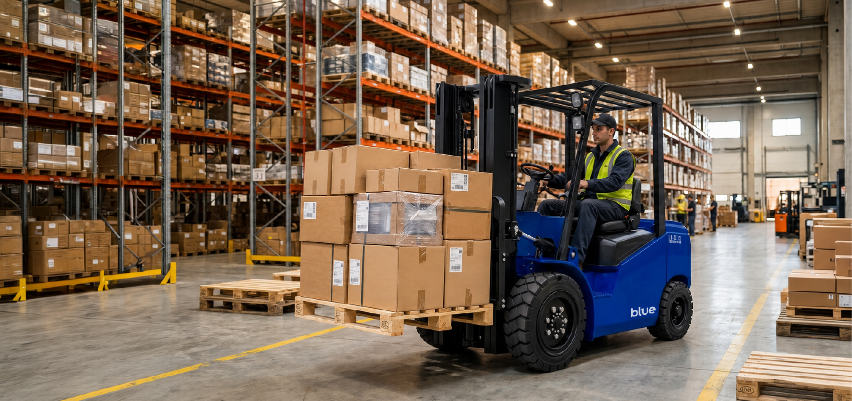 Blue forklift for warehouse material handling in Australia