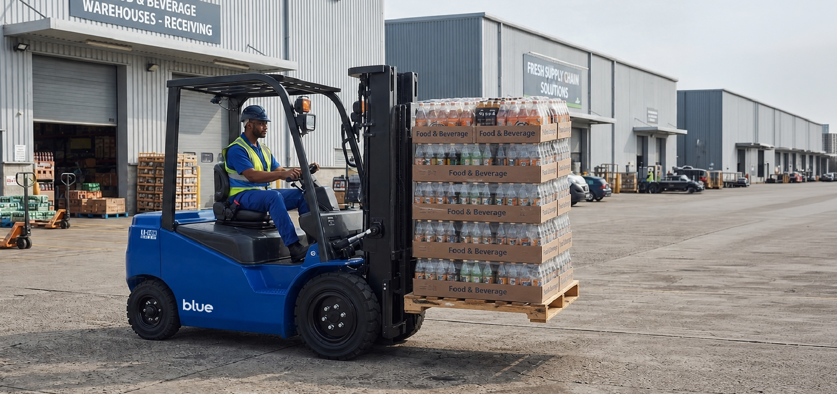 Blue electric forklift for warehouse use in Australia