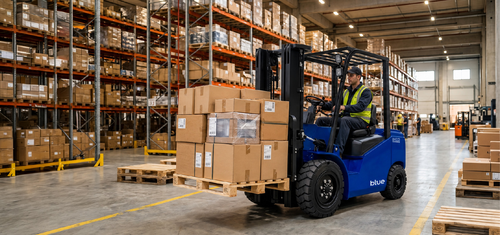 Blue forklift for warehouse material handling in Australia