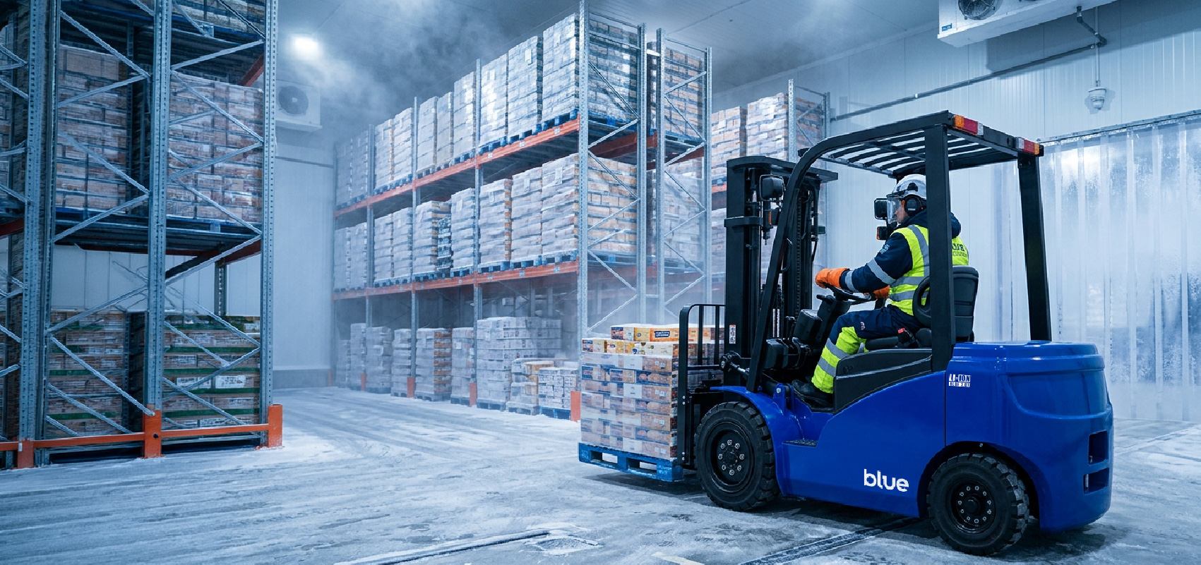 Blue electric forklift for warehouse use in Australia