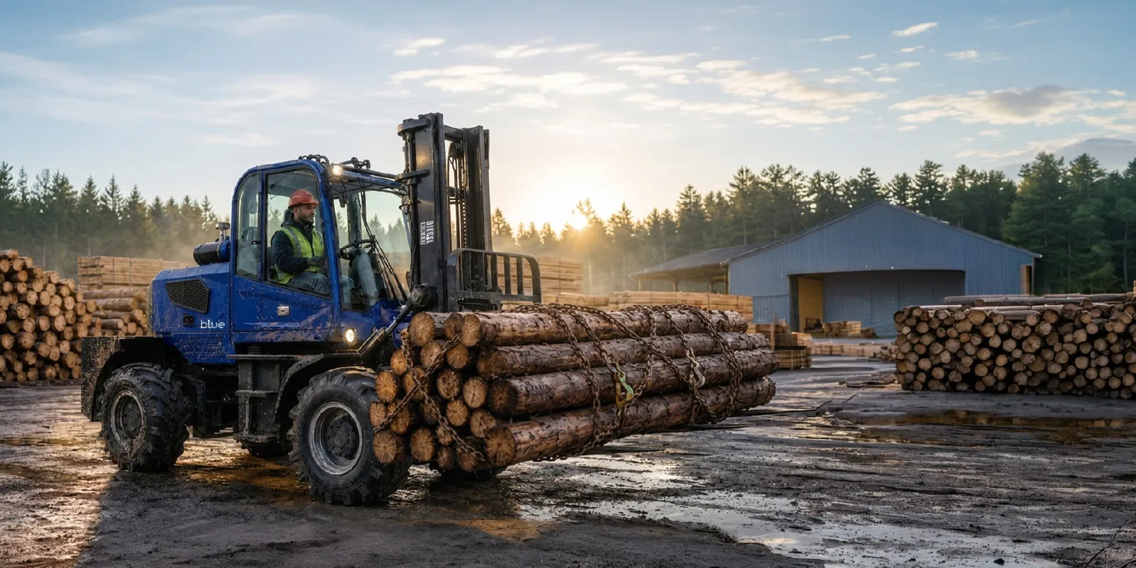 Blue Site RWS forklift transporting logs at a timber yard