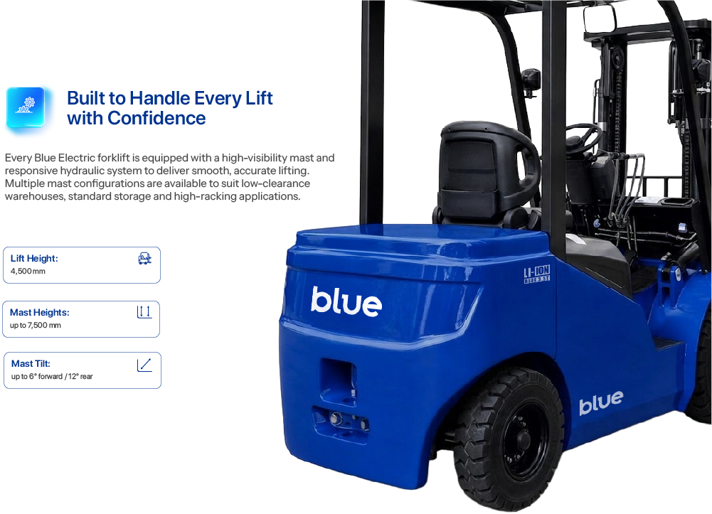 Blue electric forklift structure and durable construction