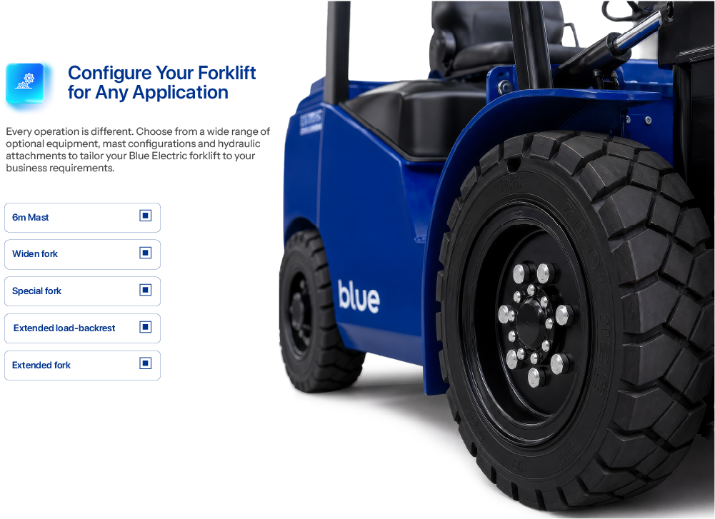 Optional upgrades for Blue electric forklifts in Australia