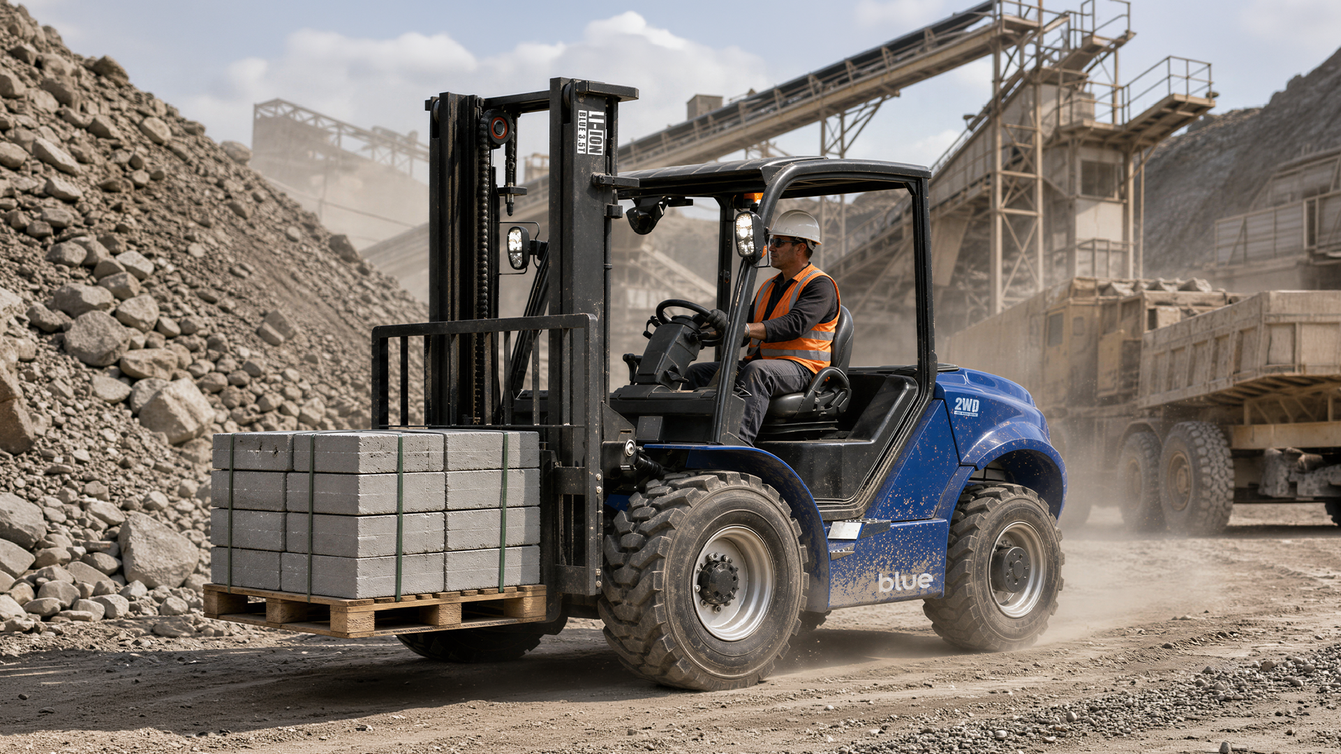 Blue electric forklift for warehouse use in Australia