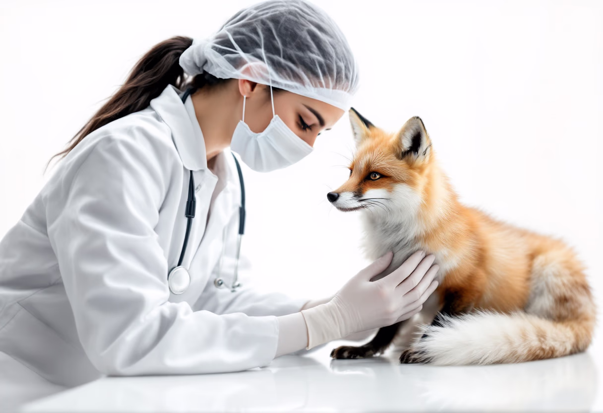 image of a veterinarian gently bandaging an injured fox in a clean, modern clinic environment