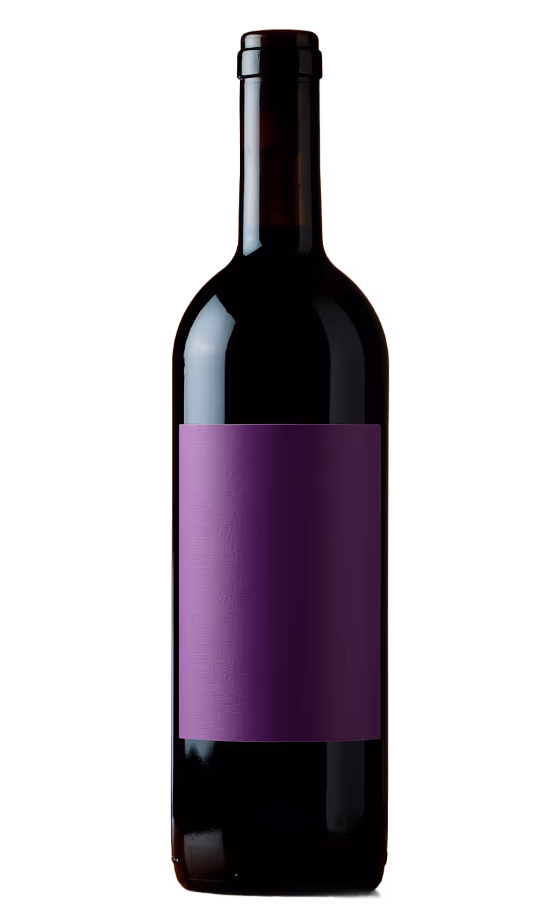 Dark wine bottle with a plain purple label on a gradient brown background.