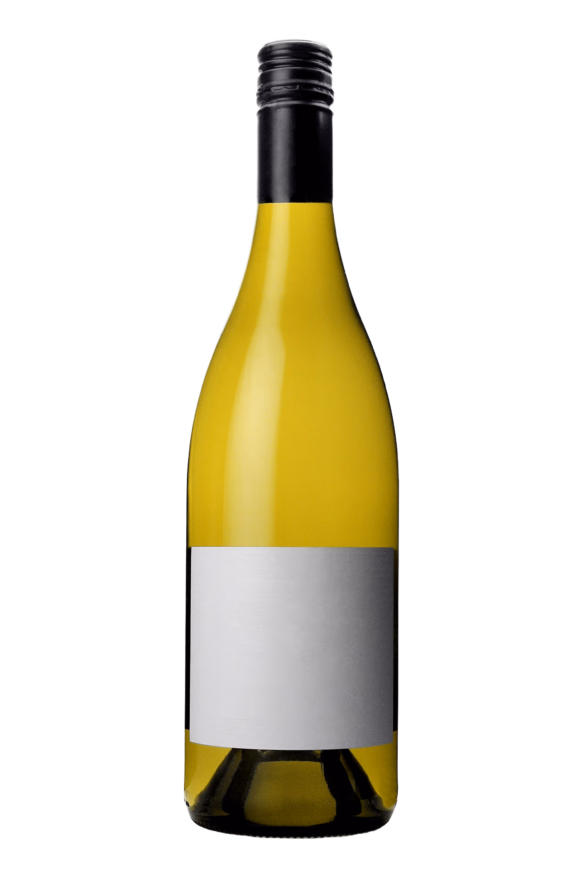 Bottle of white wine with a blank white label and black screw cap on a white background.