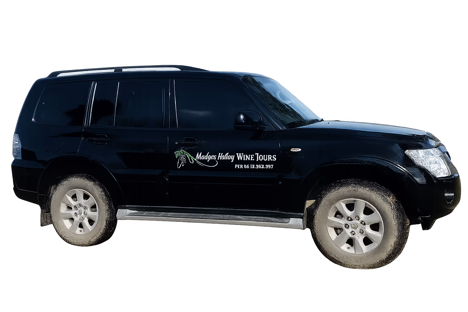 Black SUV with 'Madges Halay Wine Tours' logo and contact number on the door.