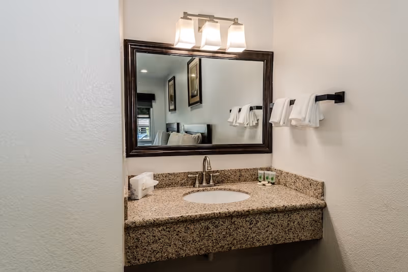 Bathroom vanity with granite countertop, sink, silver faucet, large framed mirror, three-light fixture, and white towels on a black towel rack.