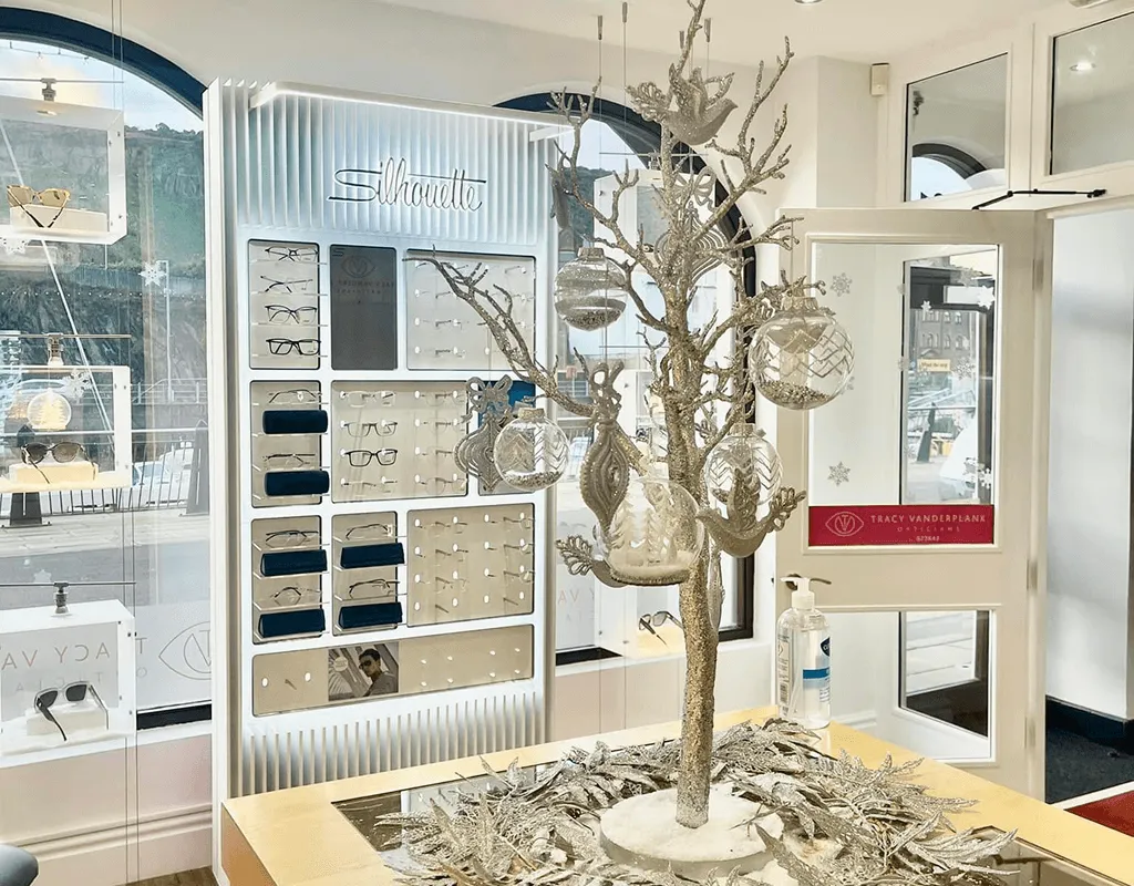 Independent opticians interior showcasing designer eyewear frame collection and professional service