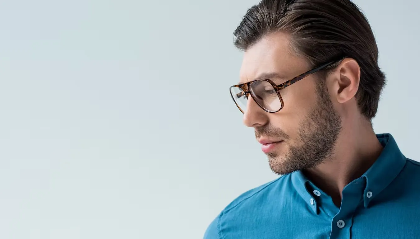 Man wearing tortoiseshell aviator prescription glasses from independent opticians
