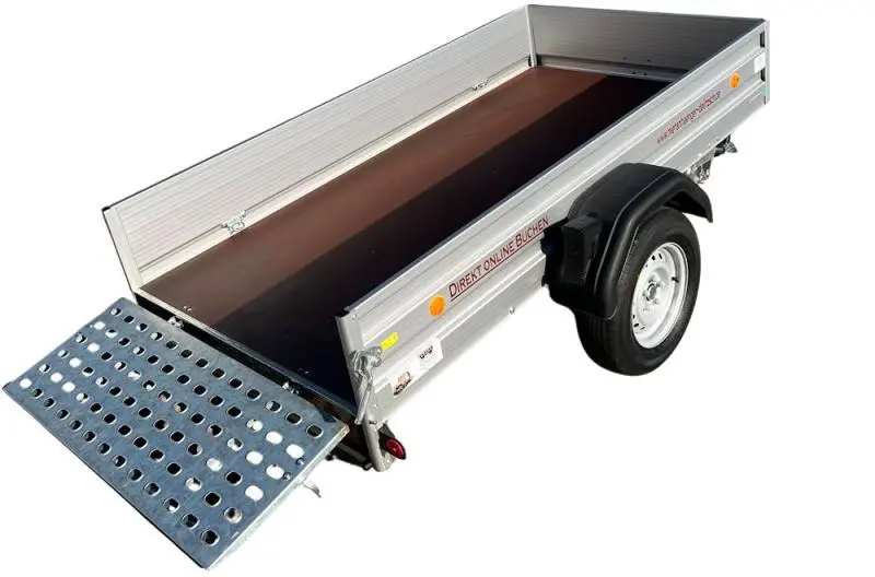 Kippbarer Tieflader mit nur 35 cm Bordwandhöhe für einfaches Beladen schwerer Güter. Ladefläche 2,52 x 1,30 m, Nutzlast 1.106 kg. Hydraulische Kippfunktion zum mühelosen Entladen von Schüttgut, Erde, Bauschutt oder schweren Maschinen. Mit PKW-Führerschein B fahrbar (max. 3,5t gesamt). Auflaufbremse, 100 km/h. Perfekt für Garten und Baustelle.