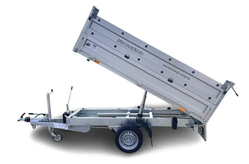 Kippbarer Hochlader mit 30 cm Bordwänden und automatischem Stützrad. Ladefläche 2,56 x 1,40 m, Nutzlast 1.021 kg. Hydraulische Kippfunktion für müheloses Entladen von Schüttgut, Gartenabfällen oder Baumaterial. Mit PKW-Führerschein B fahrbar (max. 3,5t gesamt). Auflaufbremse, 100 km/h. Der praktische Allrounder für Haus und Garten.