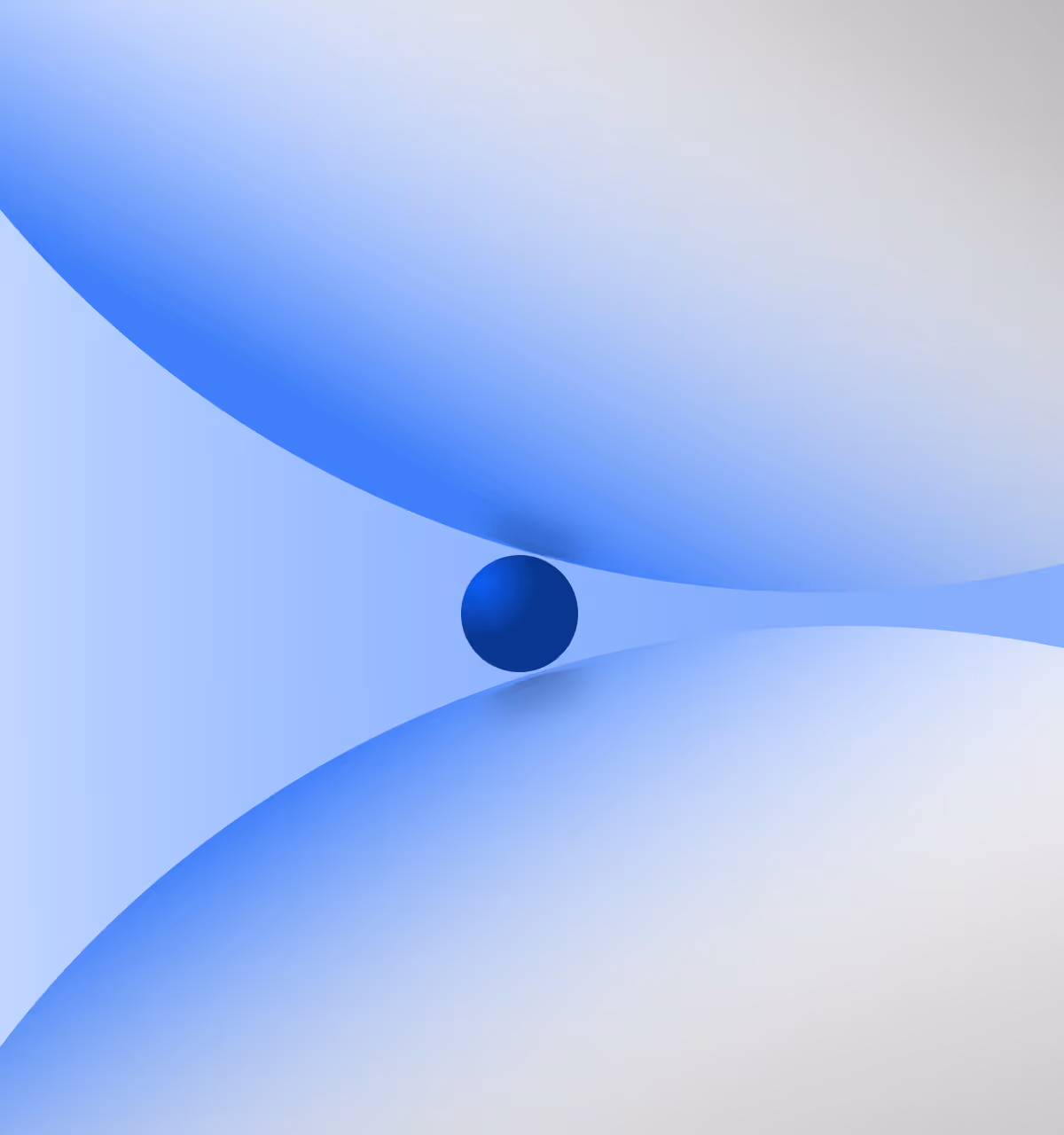 A small dark blue sphere centered between two large, gently curved blue and white surfaces creating a smooth abstract tunnel effect.