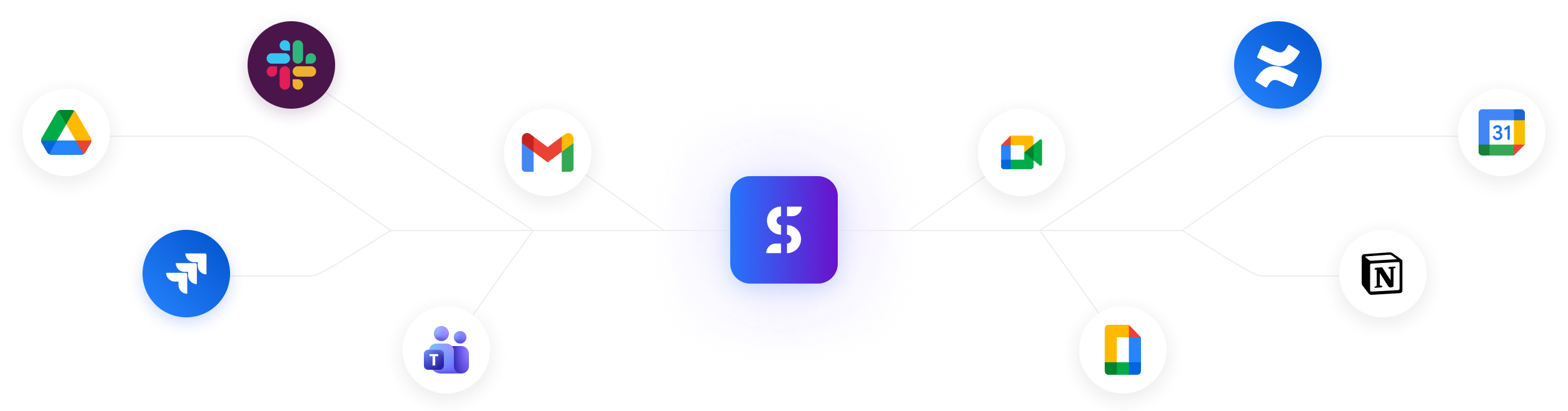 Central blue app icon surrounded by connected icons of popular productivity tools including Slack, Google Drive, Jira, Microsoft Teams, Gmail, Google Meet, Google Docs, Confluence, Google Calendar, and Notion.