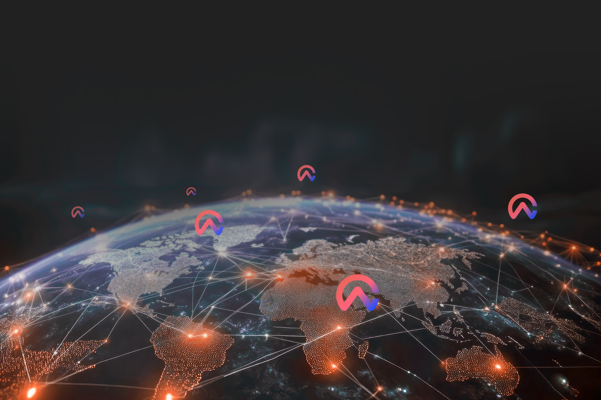 Digital globe showing connected continents with glowing network points and abstract logo icons.