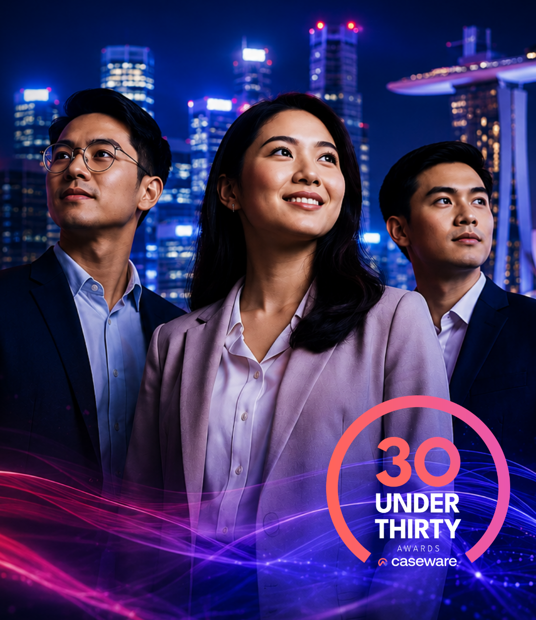 Three young professionals in an Asian city skyline with the 30 Under 30 branding embedded in the image