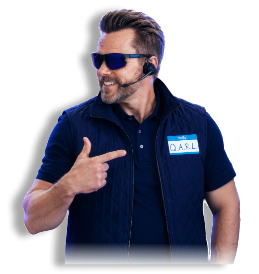 Q.A.R.L., a general-purpose AI character, pointing to his name tag