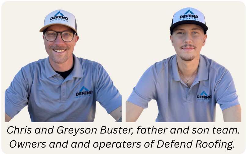 Father and son team Chris and Greyson Buster wearing matching gray Defend Roofing shirts and hats.