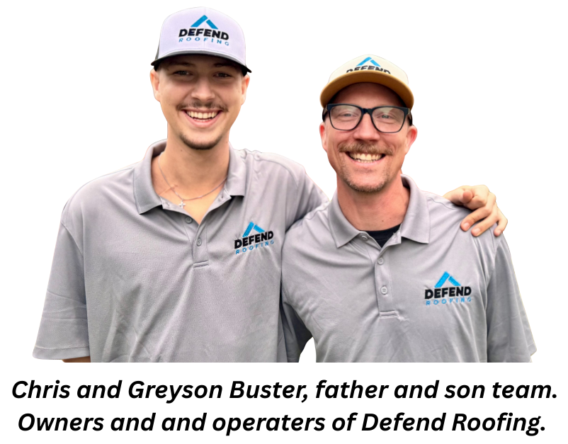 Two men smiling with arms around each other wearing gray Defend Roofing polo shirts and matching hats.